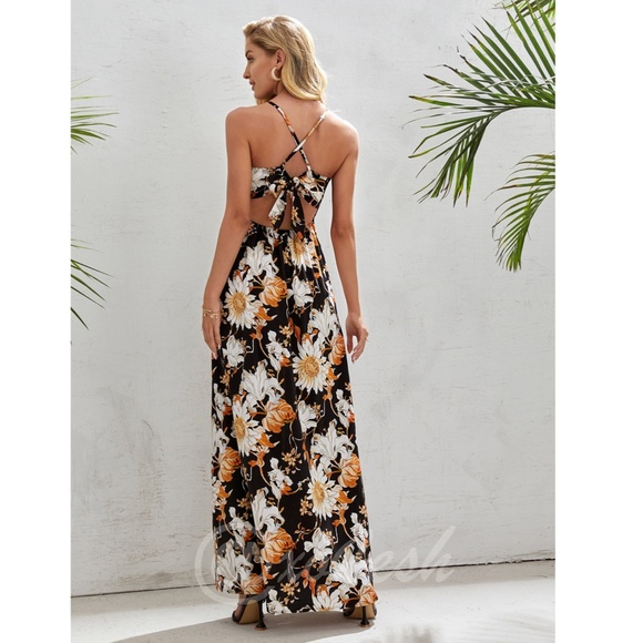 Maxi Floral Dress Black Halter Neck Open Back - Picture 6 of 8